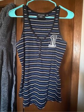 Harley-Davidson Black Tank Top with Blue & White Stripes